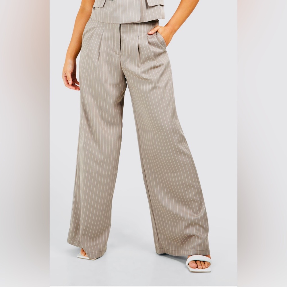 OAK+FORT Tan Wide Leg Palazzo Pants with Pinstripes 12US